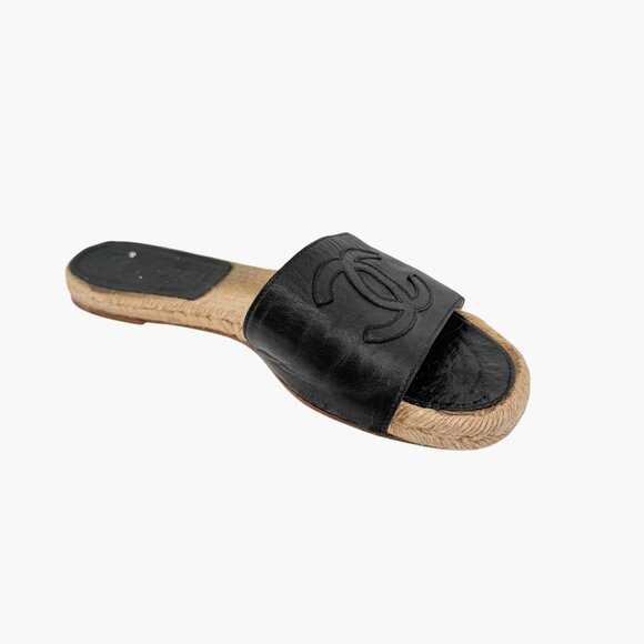 Chanel Black Leather CC Espadrille Slide Sandals Flats Size 38 US 7–7.5 Women's - Picture 11 of 15